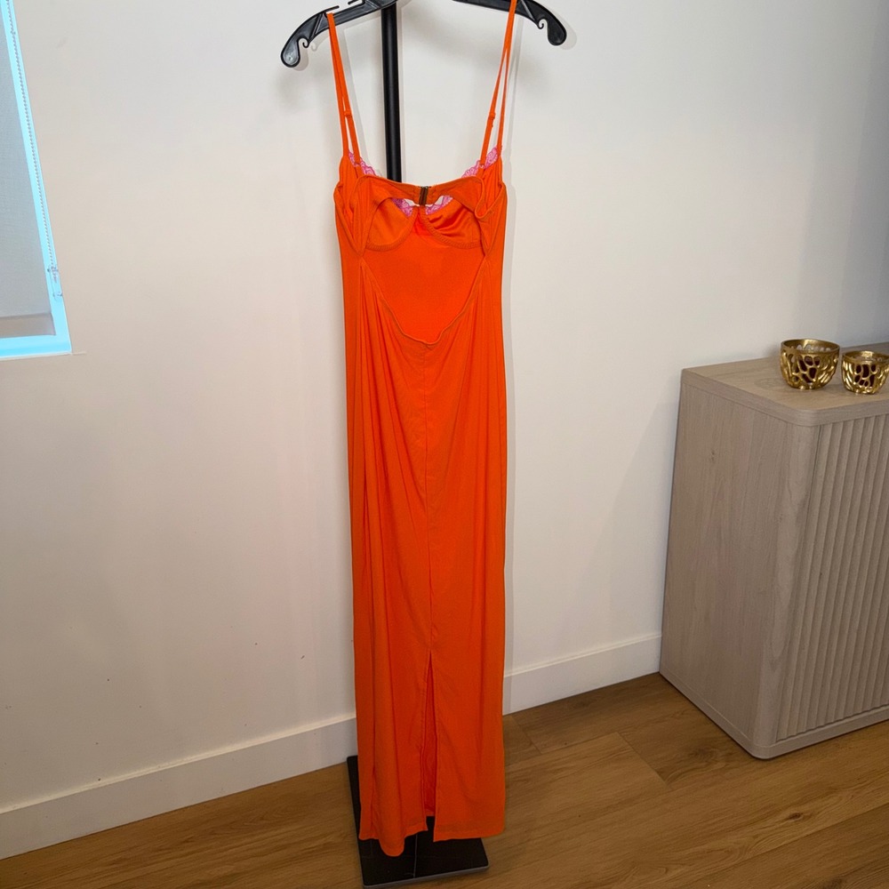 Orange Bodycon Maxi Dress Pink Lace Trim Underwire Cups Back Cutout Size S - Picture 2 of 7